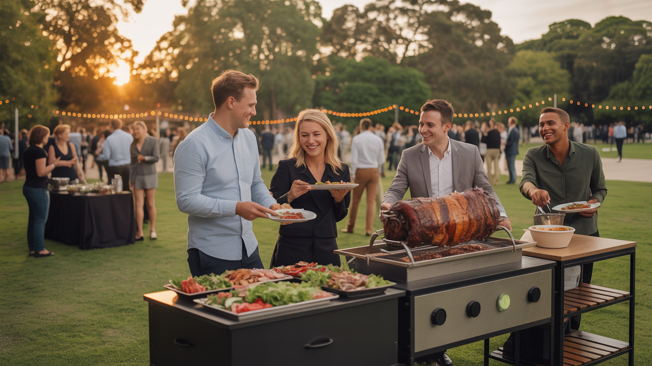 Vibrant outdoor BBQ catering event at sunset