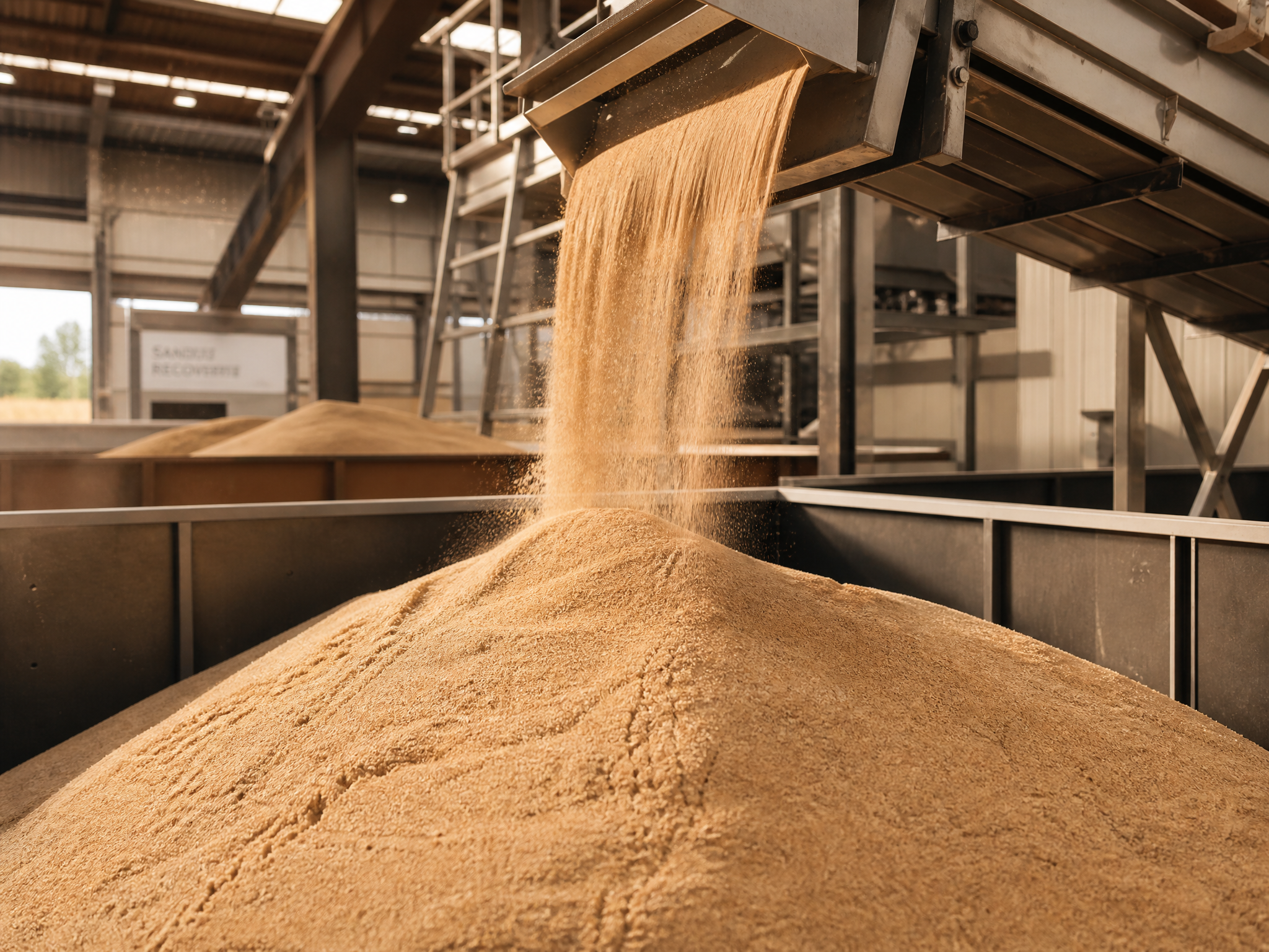 Fine natural quartz sand being reclaimed in a clean production facility