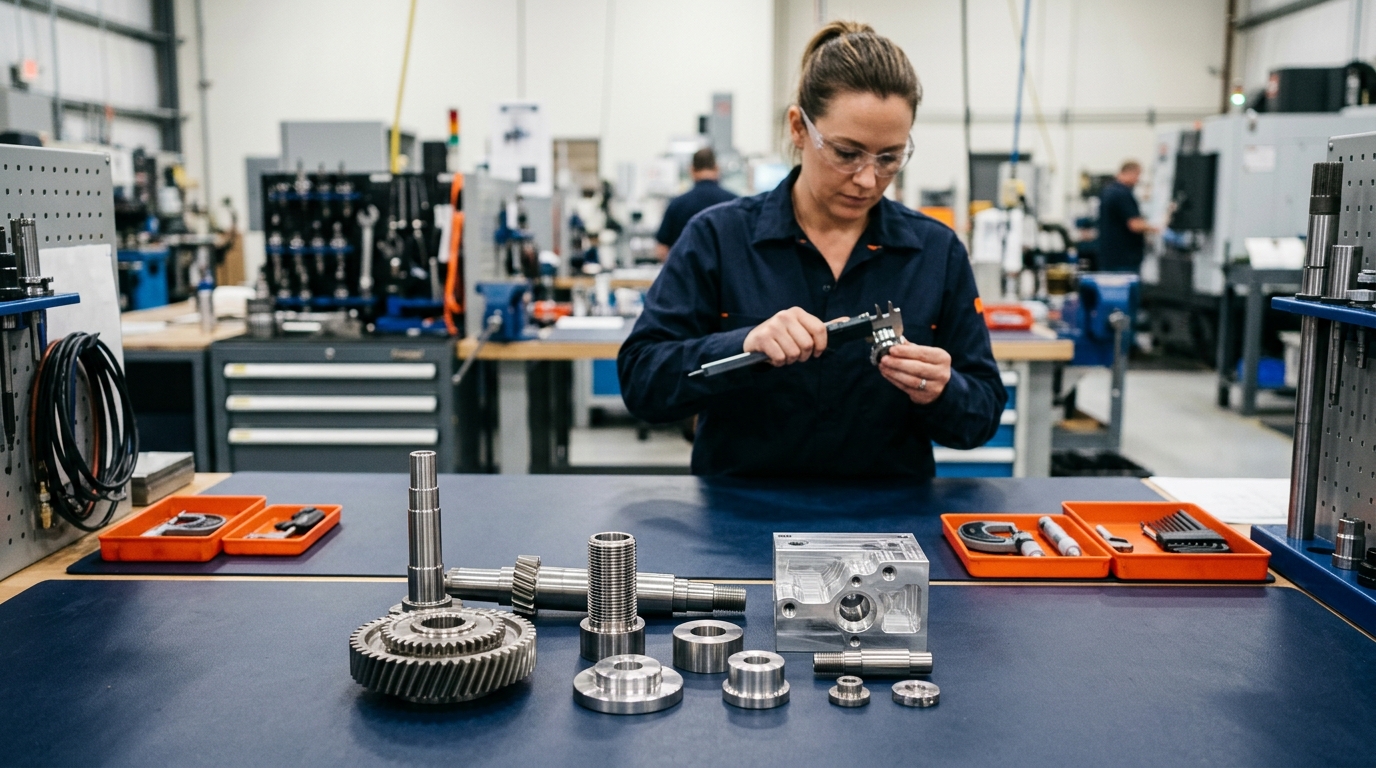 Precision machined metal parts with a quality inspector measuring a part using calipers in a job shop