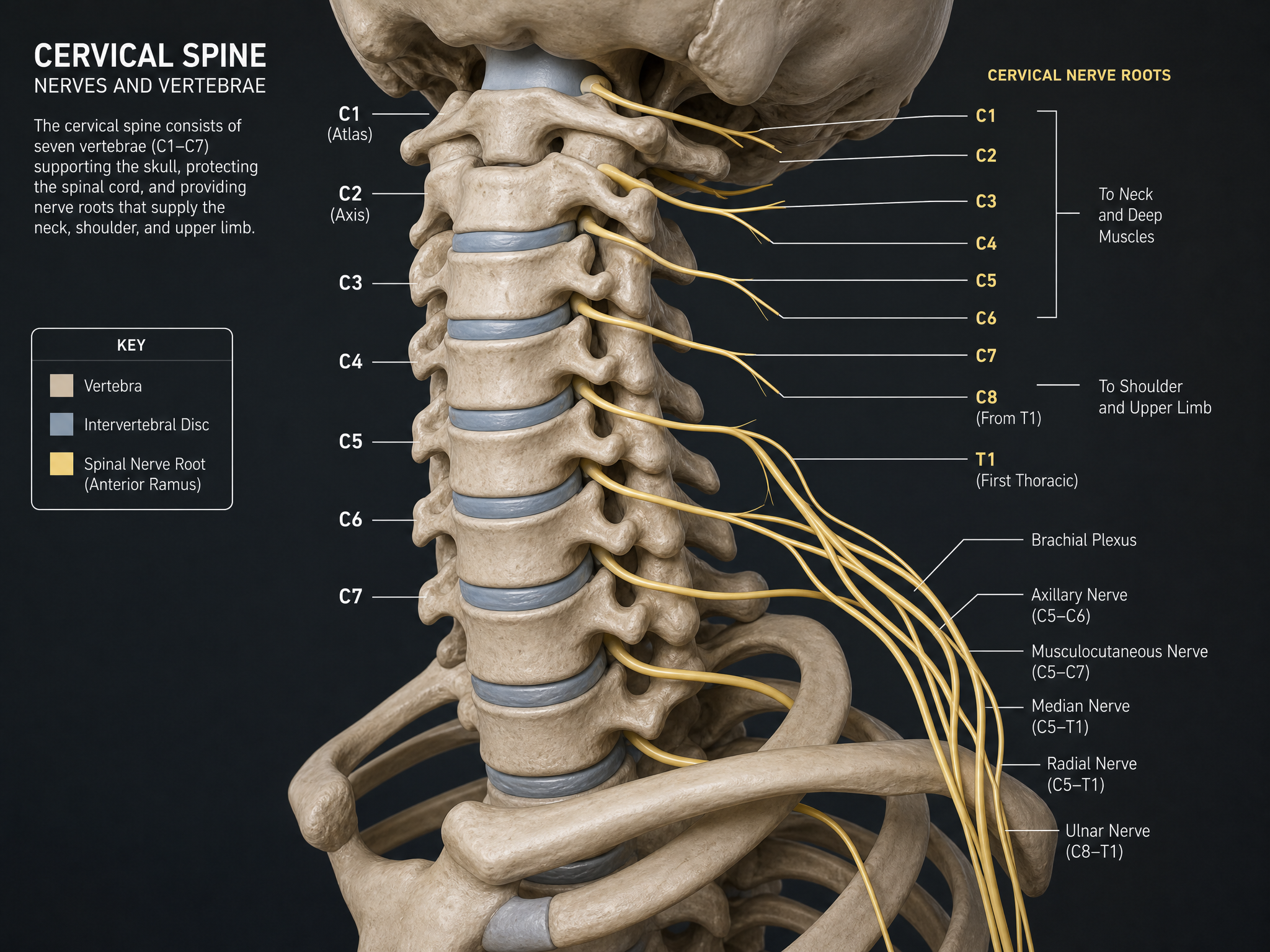 Anatomical diagram of the Cervical Spine — C1 through C7