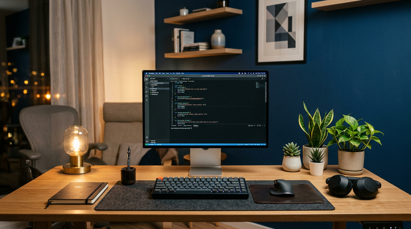 Workspace calmo e organizado com fones de cancelamento de ruído e plantas — ambiente propício ao foco
