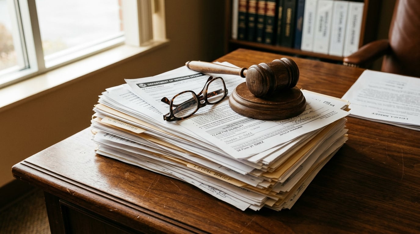 Legal filings for a VA appeal on a desk