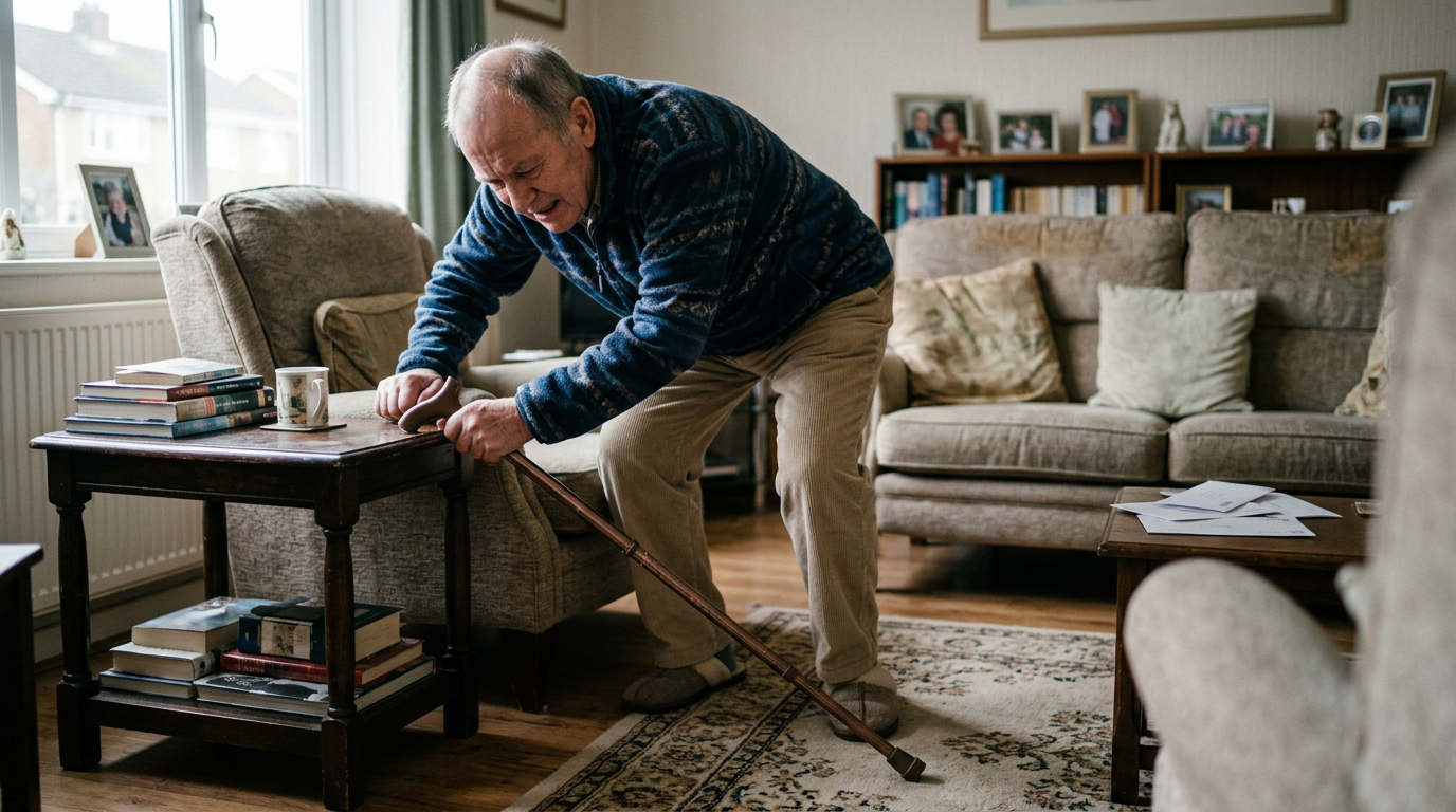 An older man who has stumbled and is catching himself on a chair in his living room, a walking cane fallen to the floor, conveying falls from loss of balance