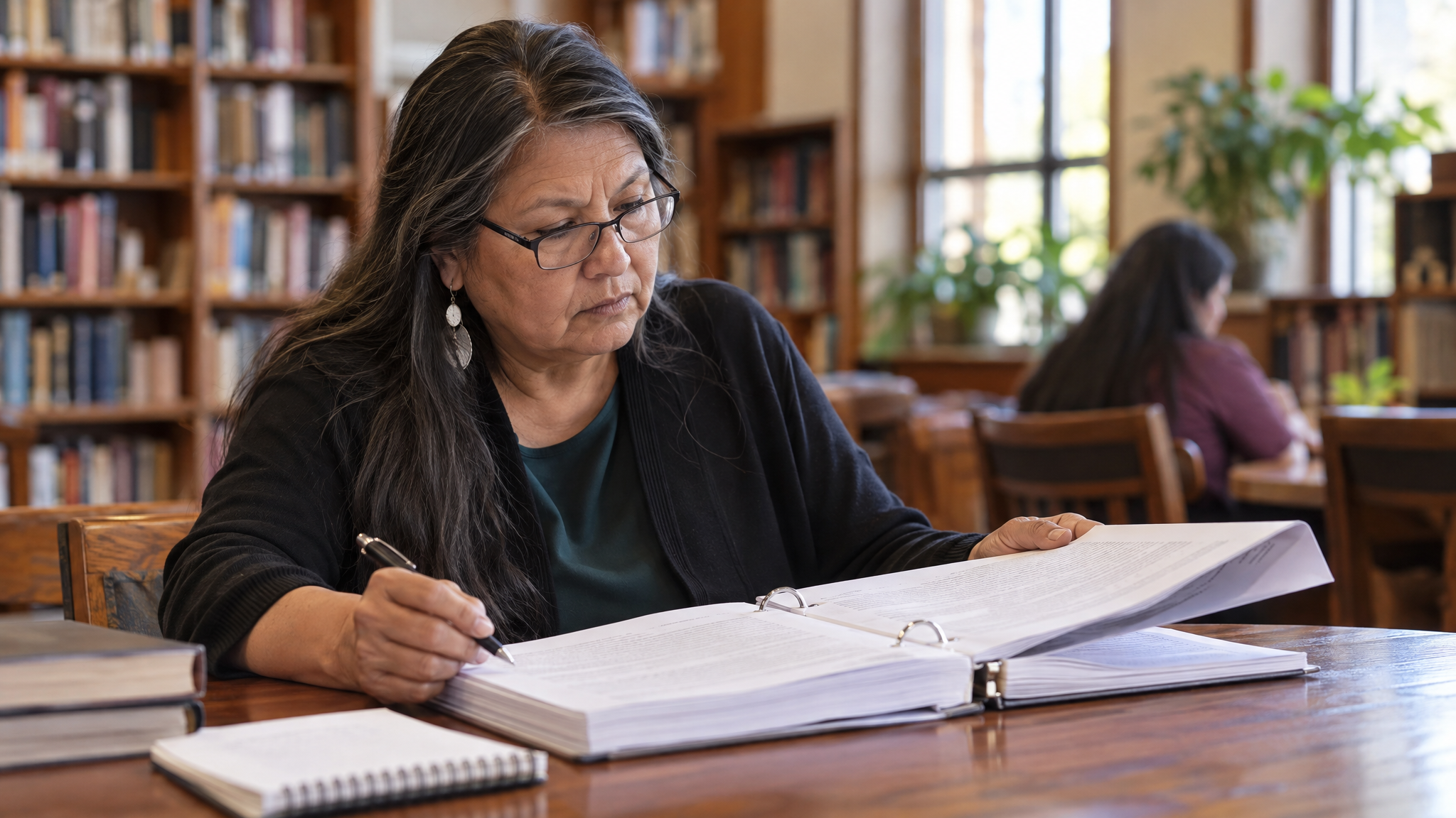 A woman veteran in her fifties reading a thick binder of regulations at a table