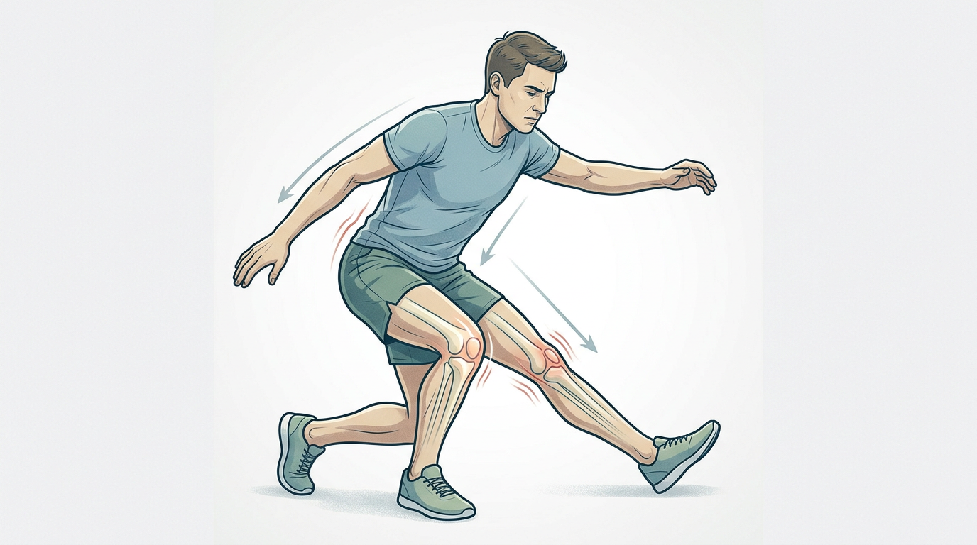Illustration of a person going down awkwardly on one good knee while the other leg stays mostly straight, demonstrating limited flexion