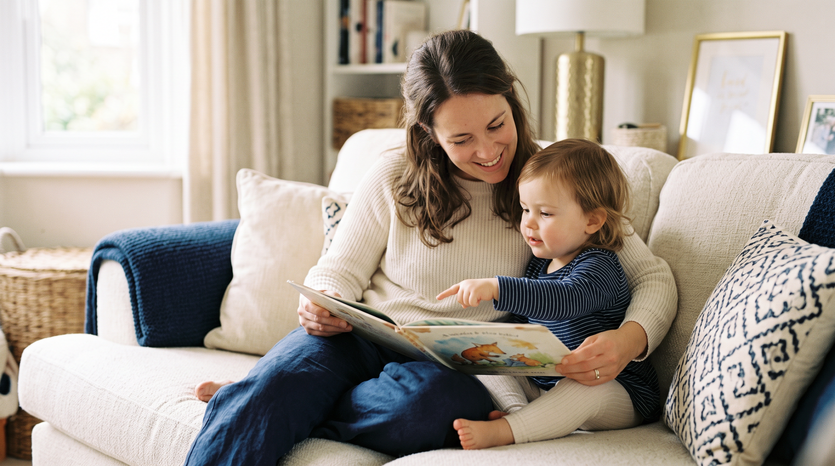 Parent and toddler reading a picture book together during play