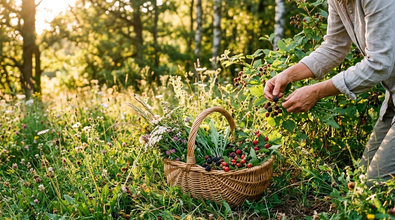 Gentle hands gathering wild edible plants and berries into a woven basket in a sunlit meadow