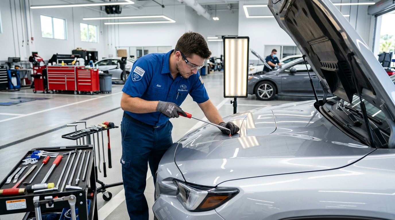 Professional technician performing paintless dent repair