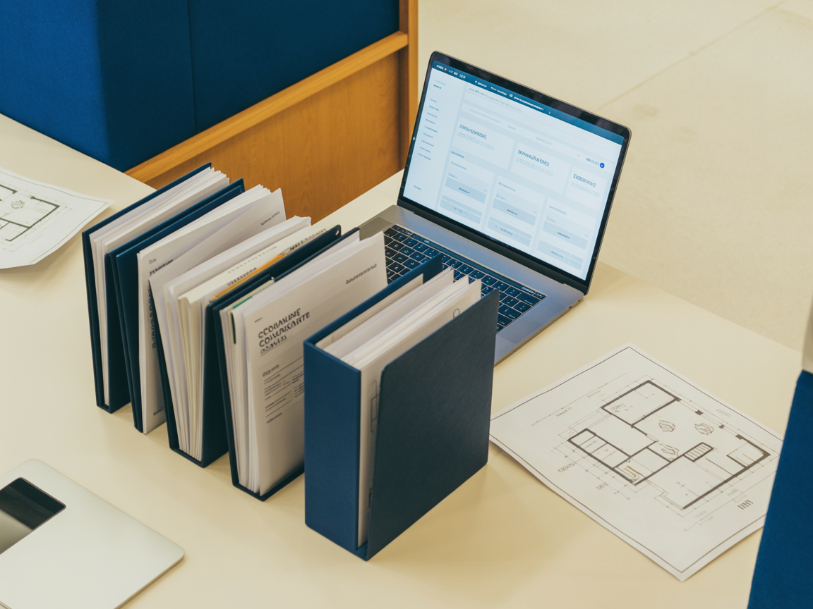 Organized compliance workspace with documents and digital dashboard