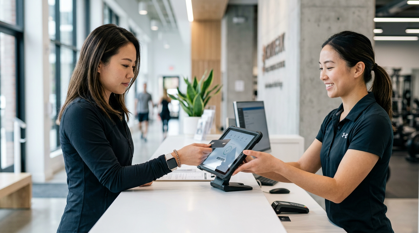 Member tapping a card on a tablet payment terminal at gym reception