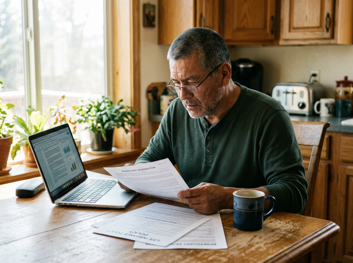 Veteran at his kitchen table reviewing life insurance documents on a laptop