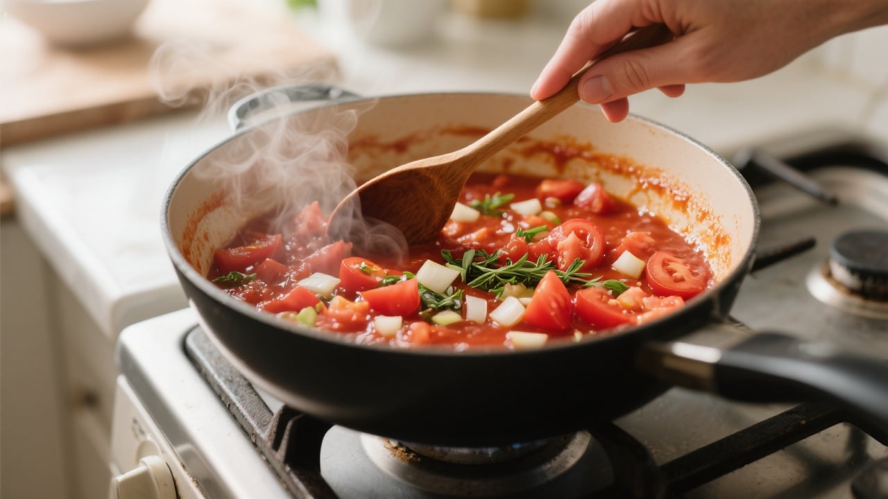 Sauce tomate maison Facile 3 Sauce tomate maison préparée avec des tomates fraîches, oignons et herbes aromatiques