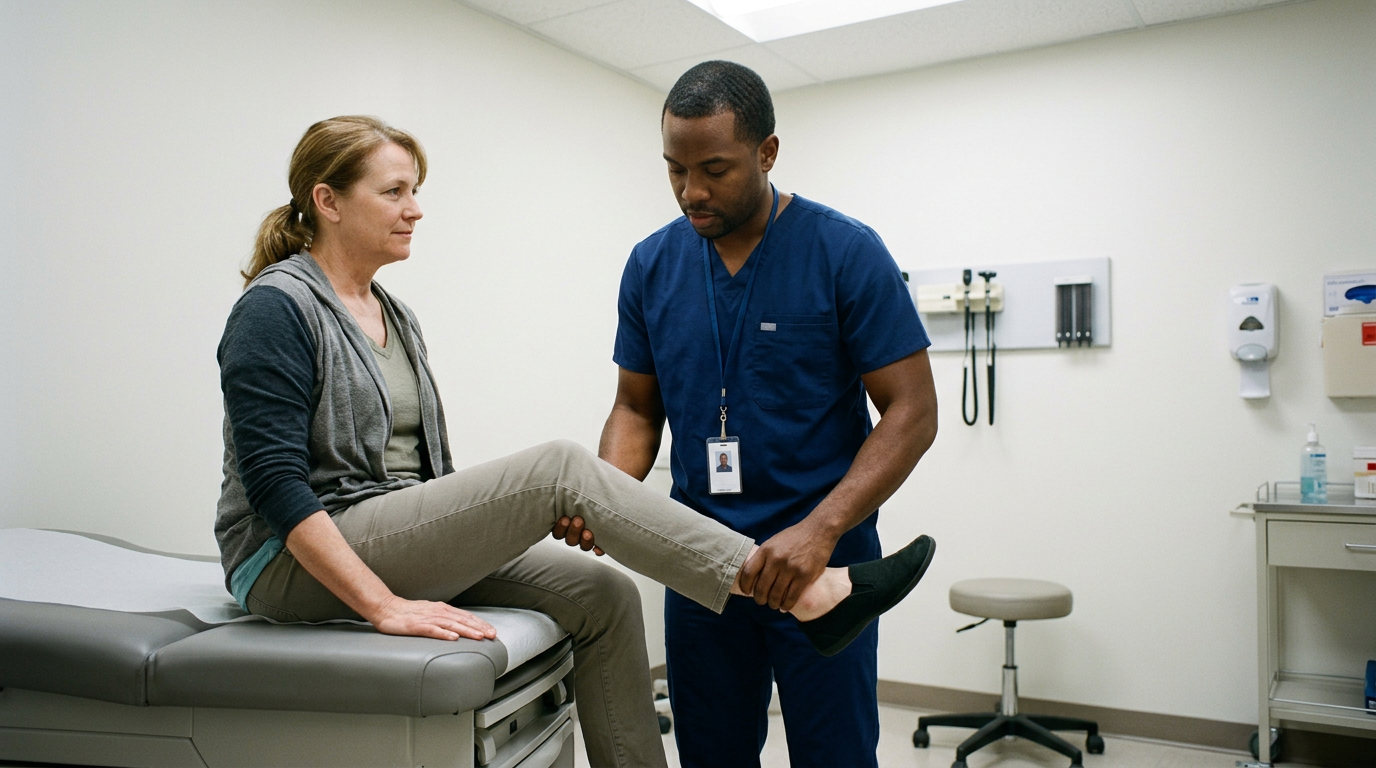 Black male clinician in exam room performing a hip rotation test on a seated white female veteran patient by moving her lower leg to measure rotational range