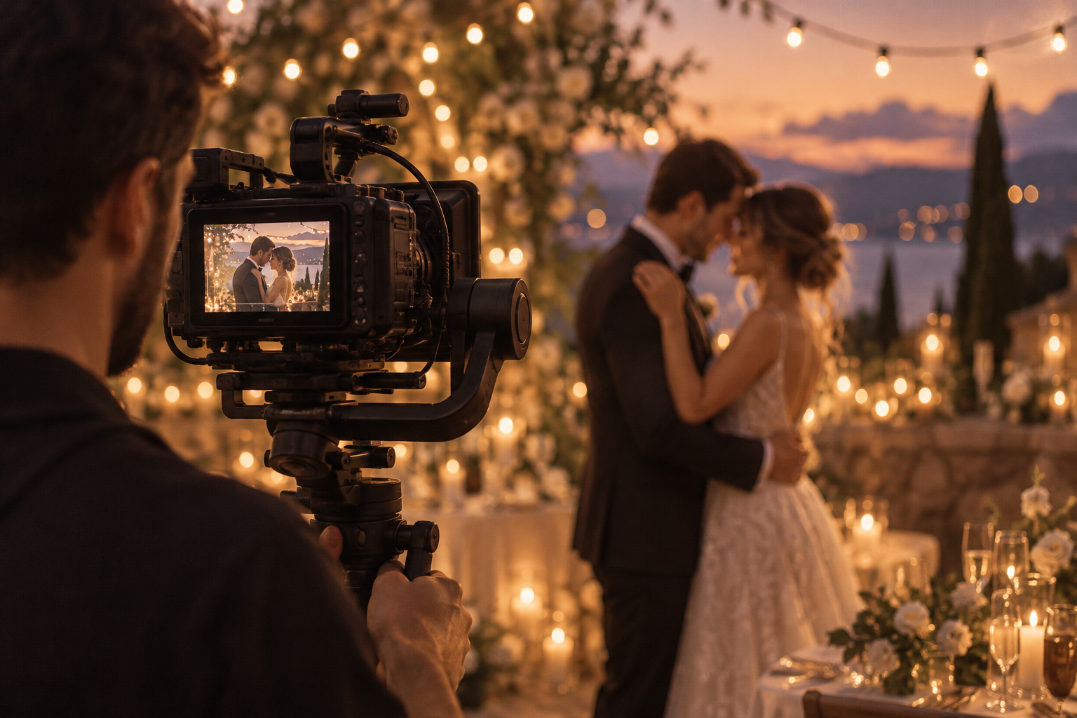 Wedding videography with camera and bride and groom in background