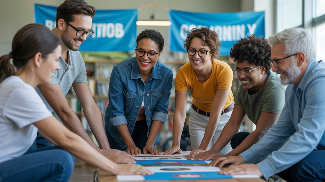 Diverse community members volunteering together, showing positive impact and role modeling