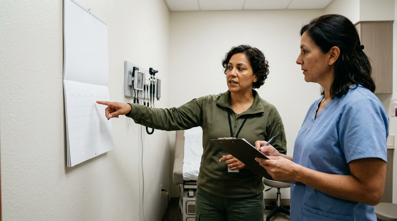 A Hispanic female veteran pointing to a blank wall calendar while discussing flare-up and numbness frequency with a clinician