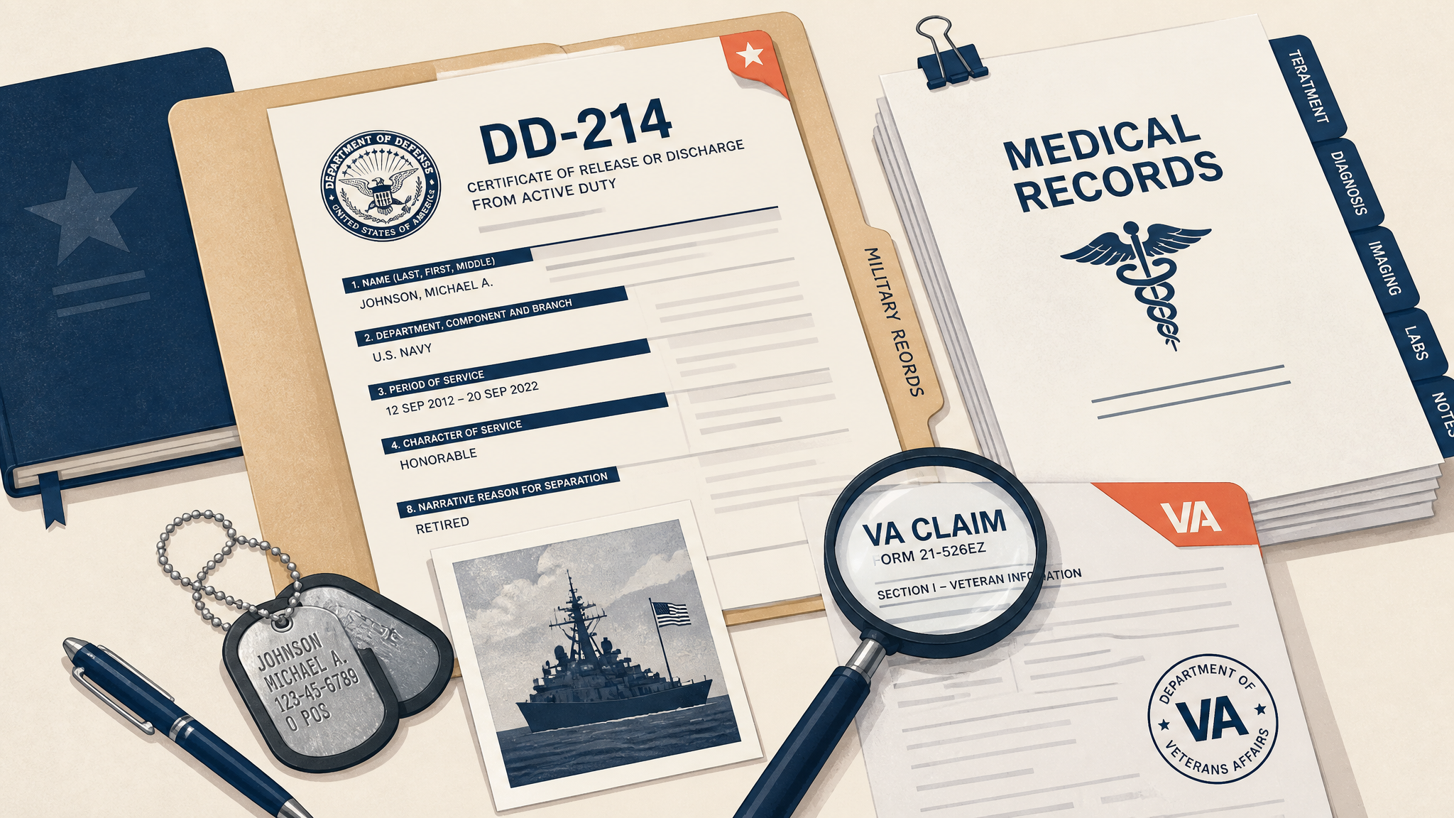 Editorial illustration of a DD-214, medical records folder, dog tags and a VA claim form spread out under a magnifying glass - the paperwork you gather before you file