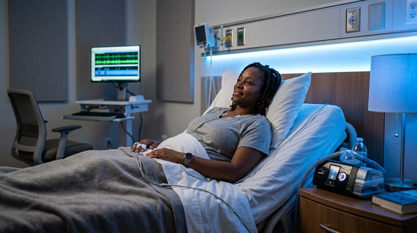 A woman veteran with a CPAP machine used to treat sleep apnea