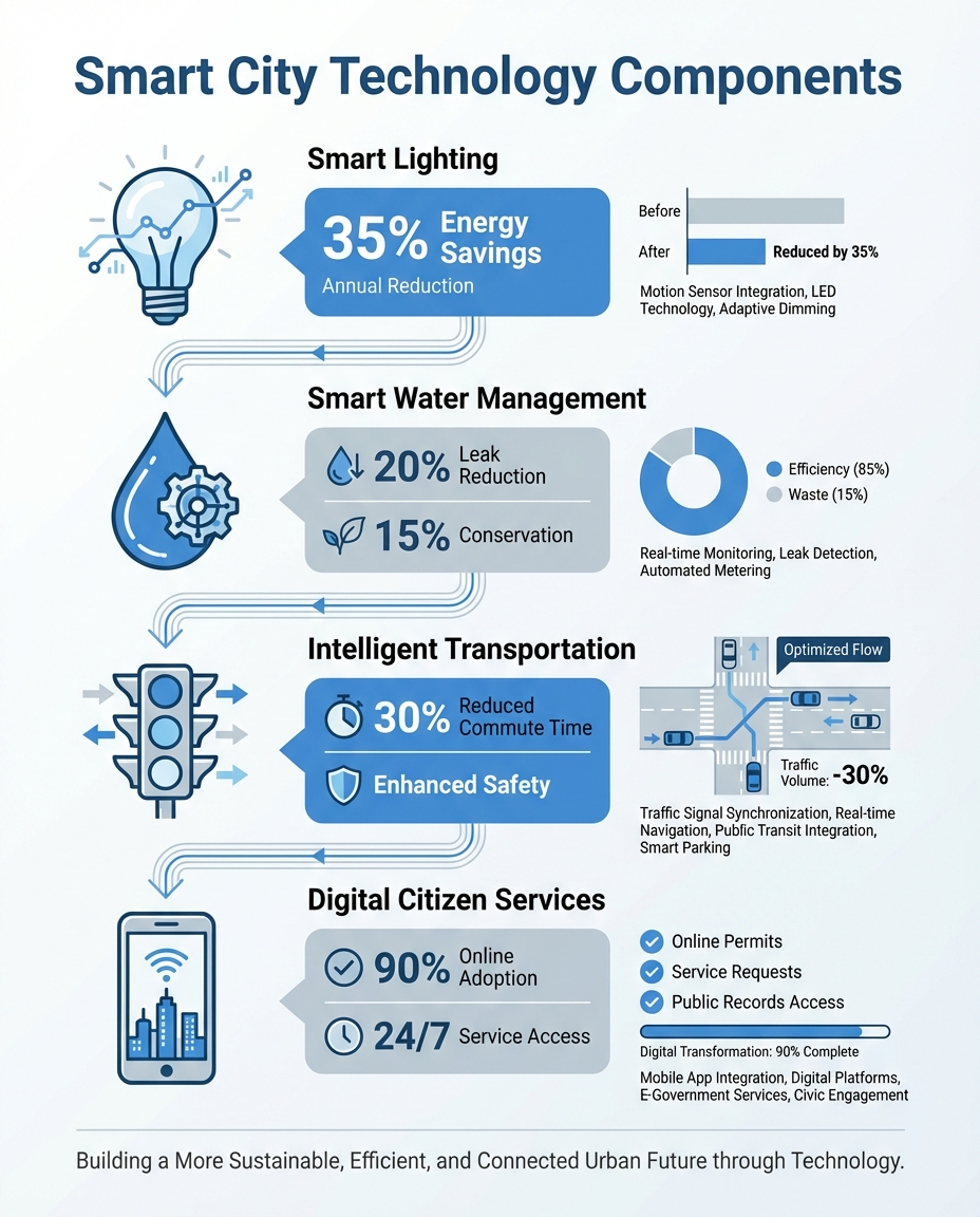 Smart city technology components infographic showing IoT applications and efficiency benefits