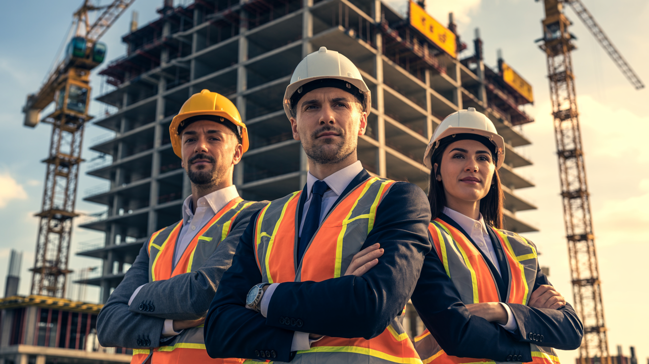 Equipo ejecutivo de Yeixpan Kuali frente a proyecto de construcción