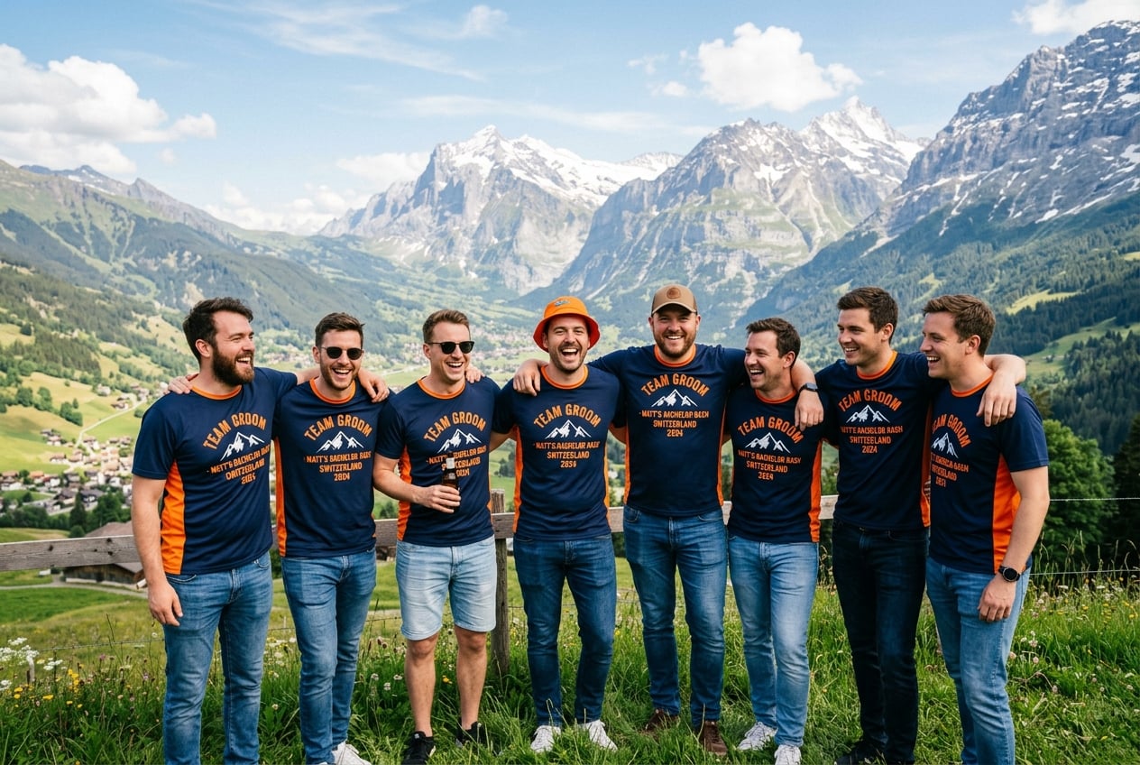 Gruppenfoto mit einheitlichen Junggesellen-T-Shirts