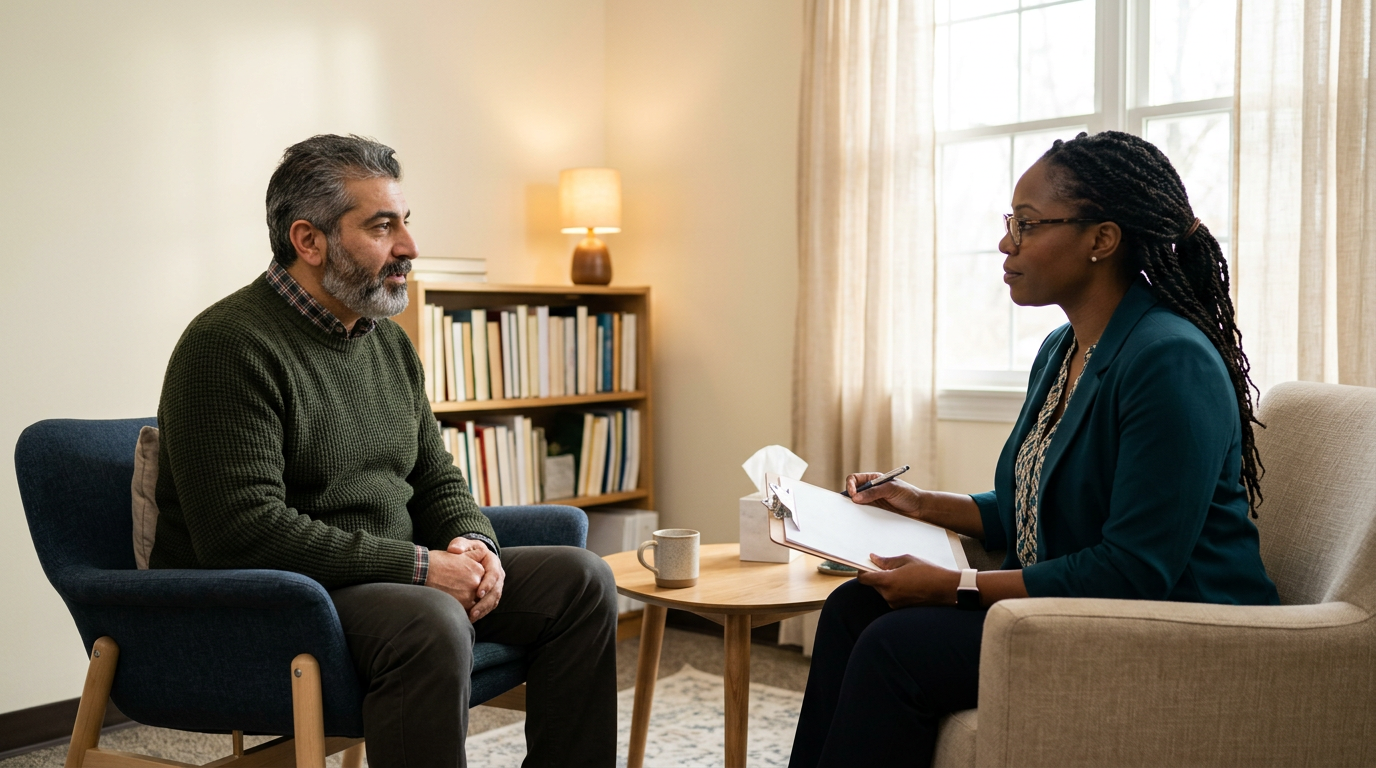 Veteran completing a mental health screening questionnaire with a psychologist