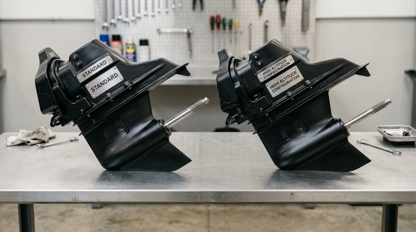 Two Alpha One Gen II lower unit gearcases labeled standard and high altitude configuration side by side on a workshop bench