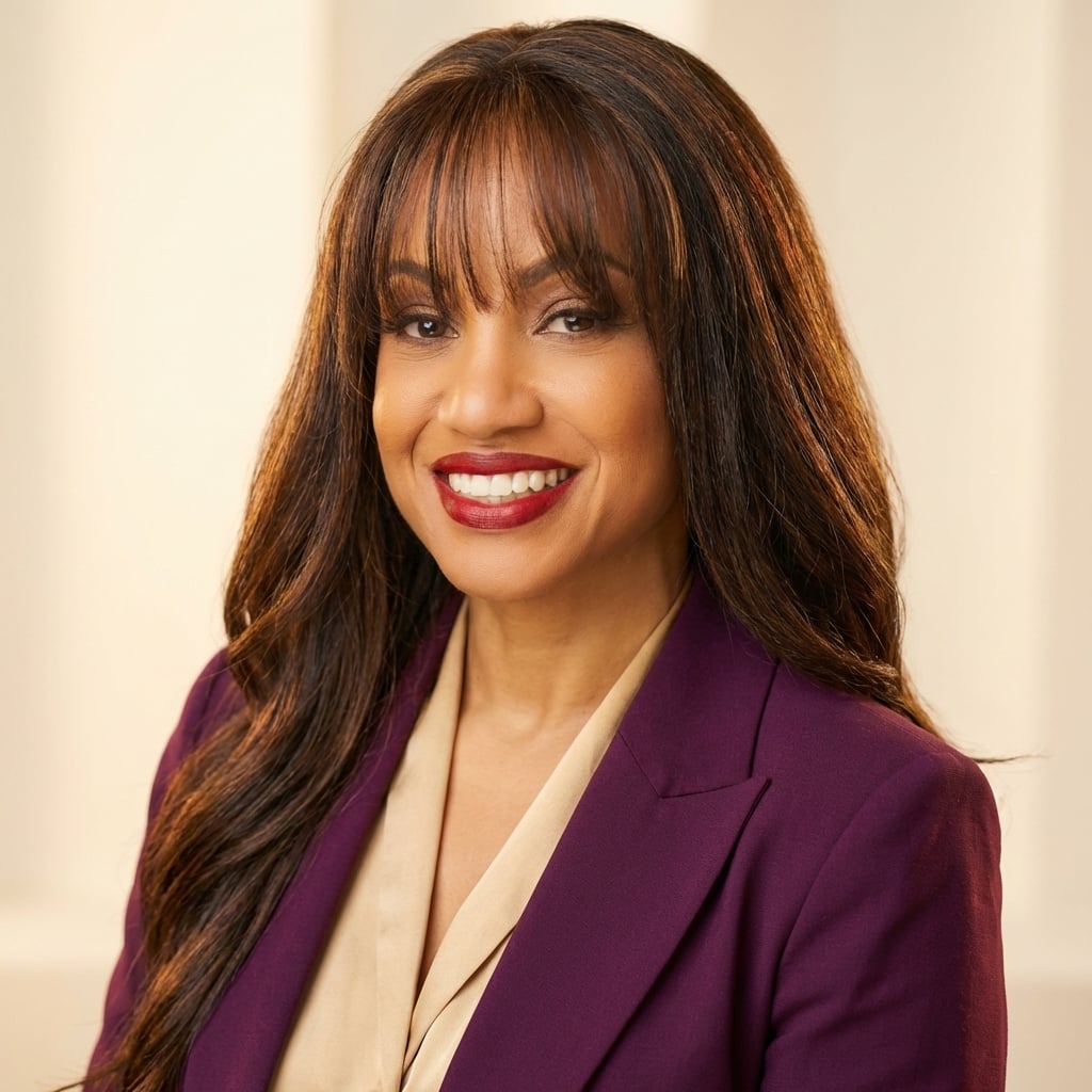 LyNea LB Bell close-up headshot in royal purple jacket