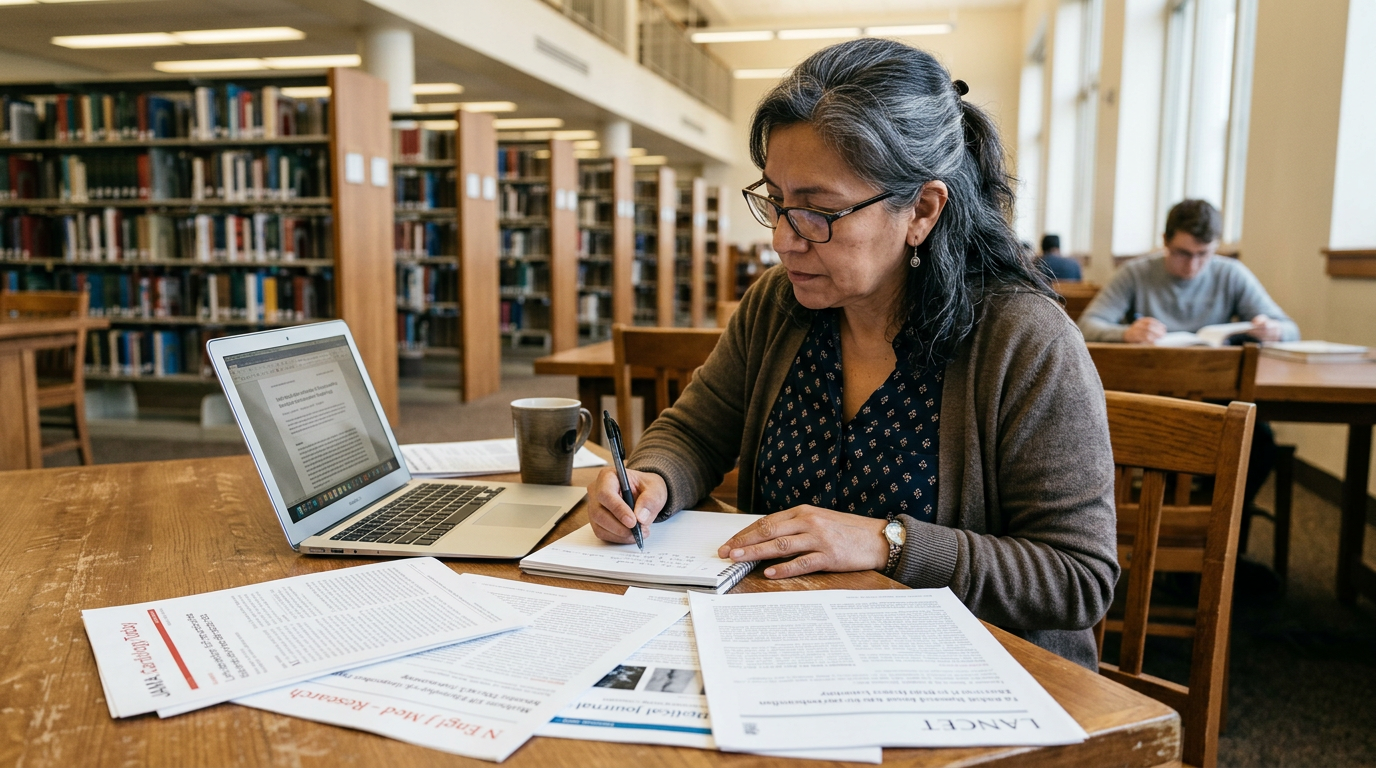 A veteran researching printed medical journal articles at a library table