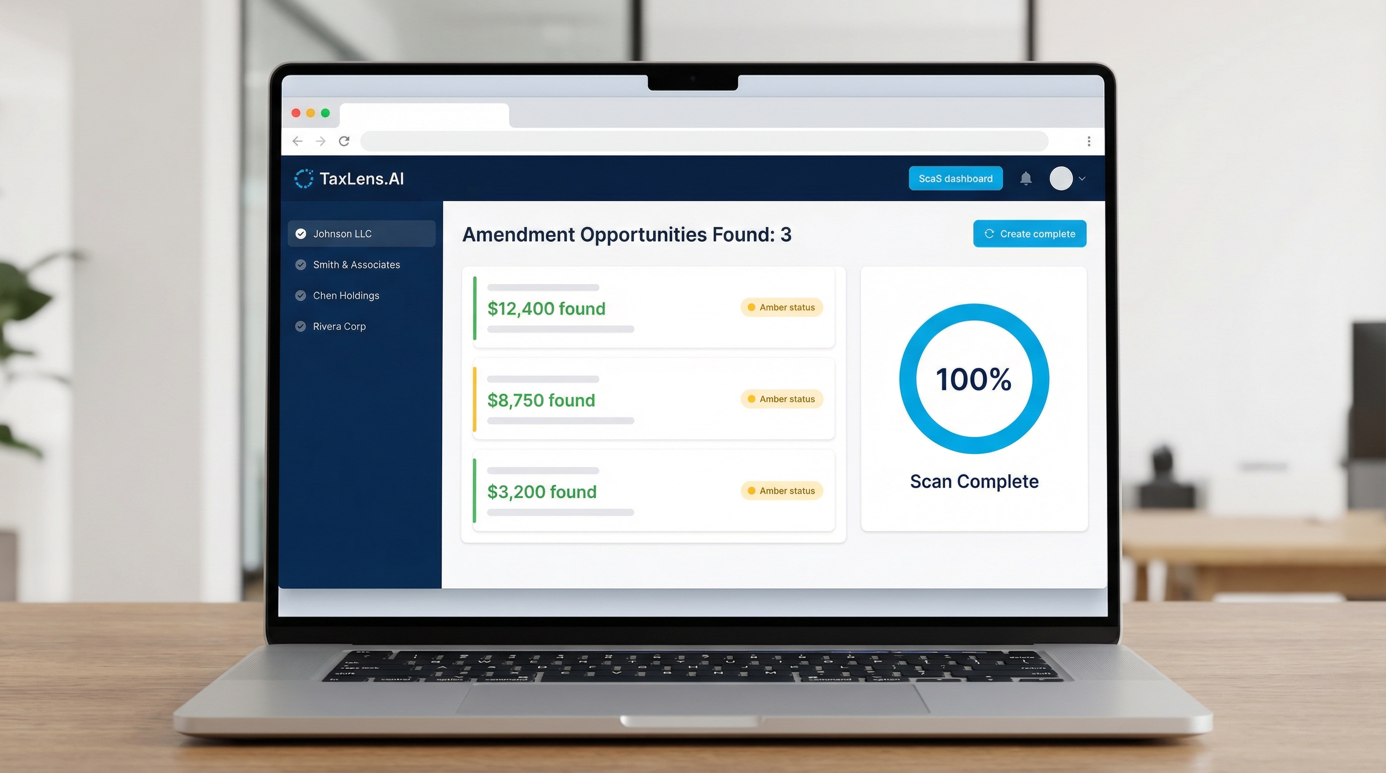 TaxLens dashboard showing amendment opportunities - Found $12,400 in discovered tax savings