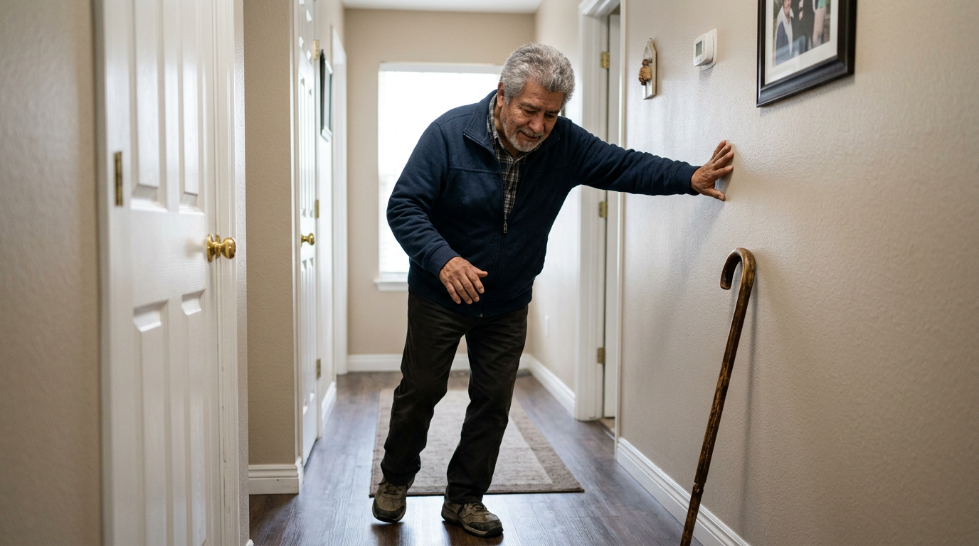 Hispanic male veteran in his 70s steadying himself against a hallway wall, off-balance, with a cane nearby
