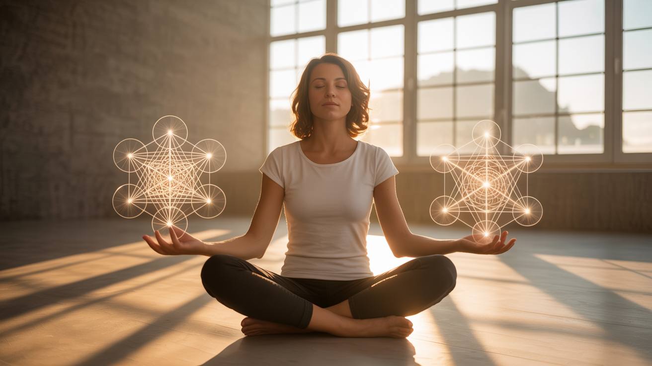Žena u meditaciji sa svetlosnim hologramom svete geometrije iznad dlanova. Tehnologija i duhovnost prikazane kroz meditaciju žene sa svetom geometrijom u rukama, simbol balansa između unutrašnje svesti i savremenih tehnologija
