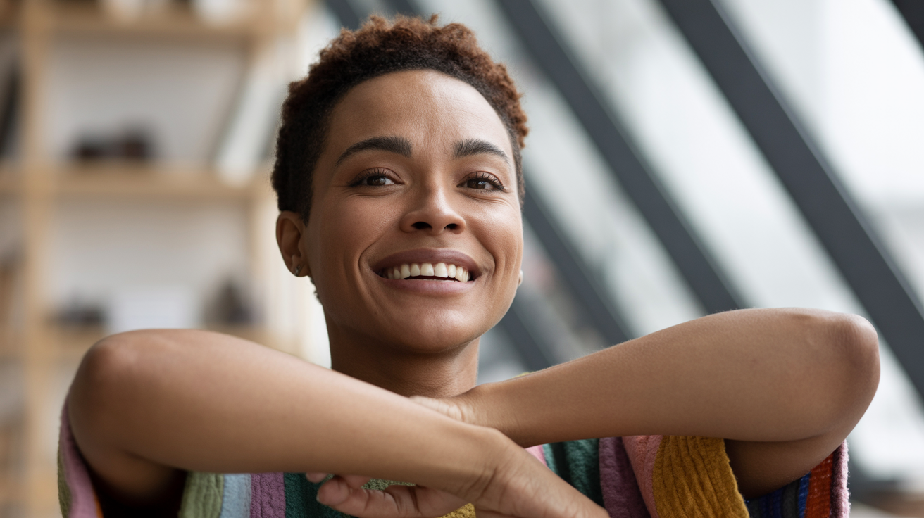 River after therapy - open posture with warm smile