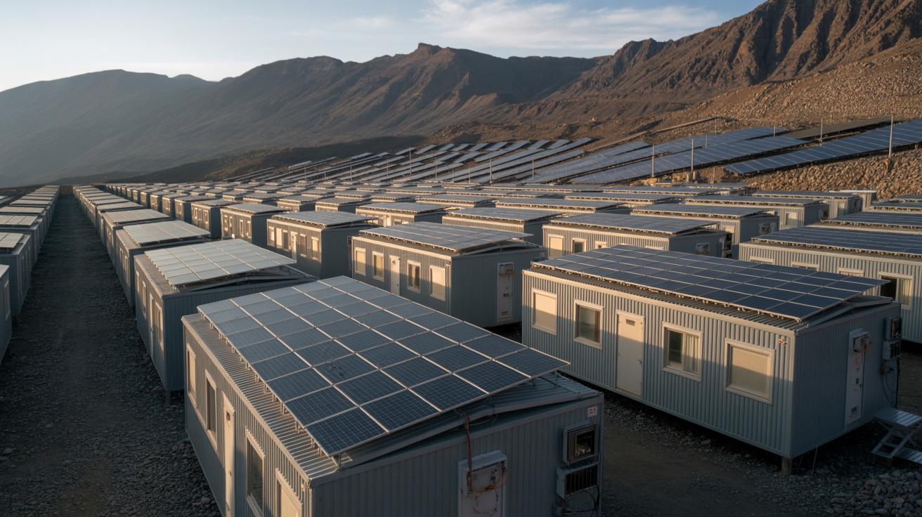 Campamento minero remoto con paneles solares
