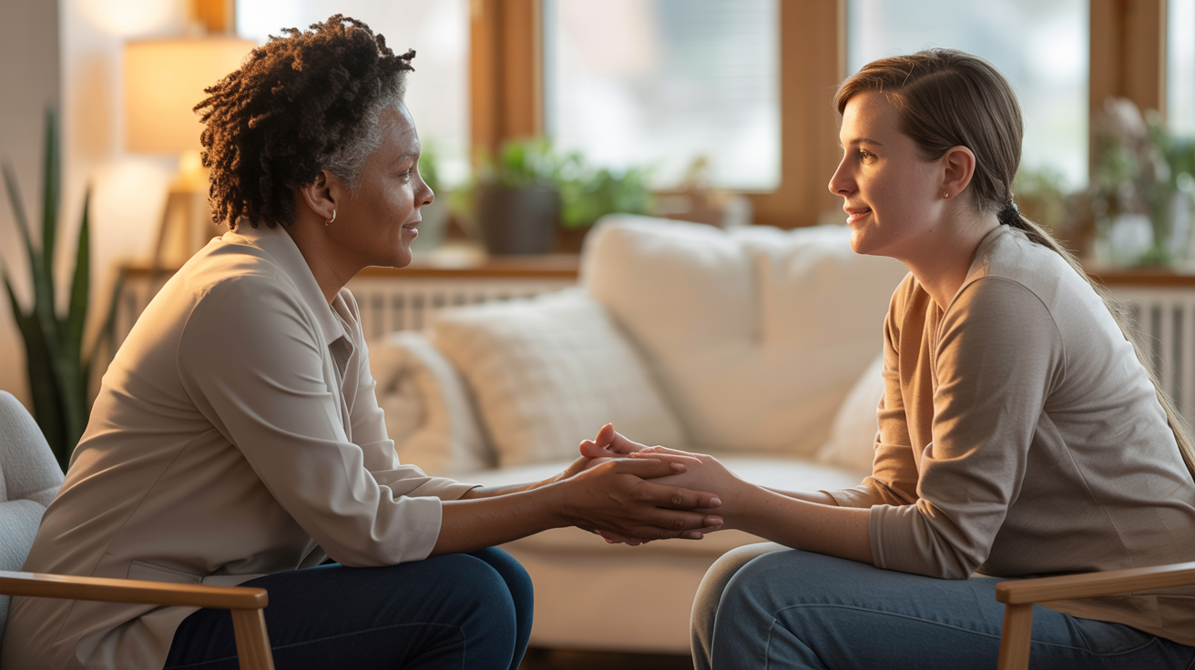 A Black therapist and white trans client in a warm, safe therapy setting with open body language and compassionate expressions