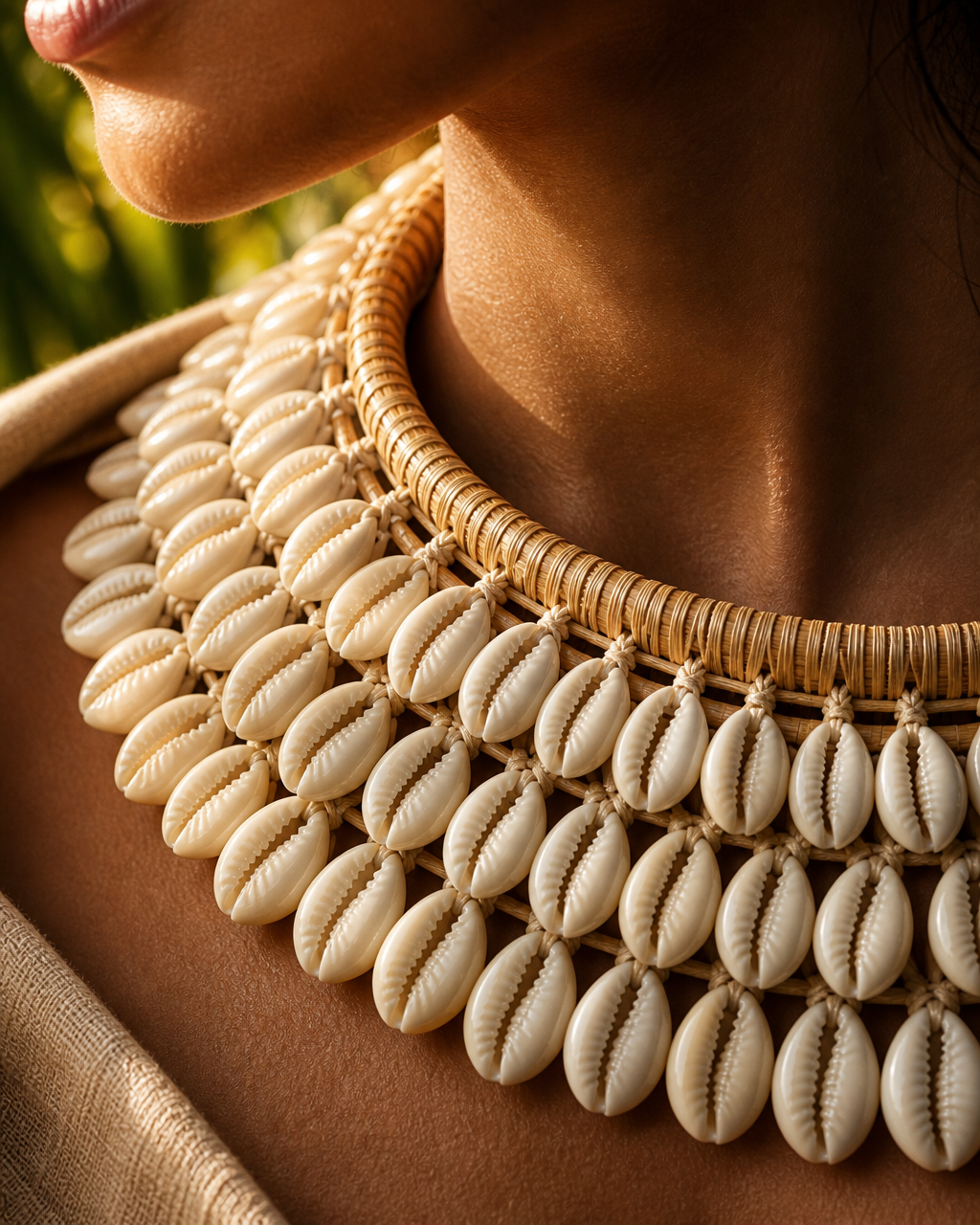 Close-up of the Bali Shell Collar at a model's neckline