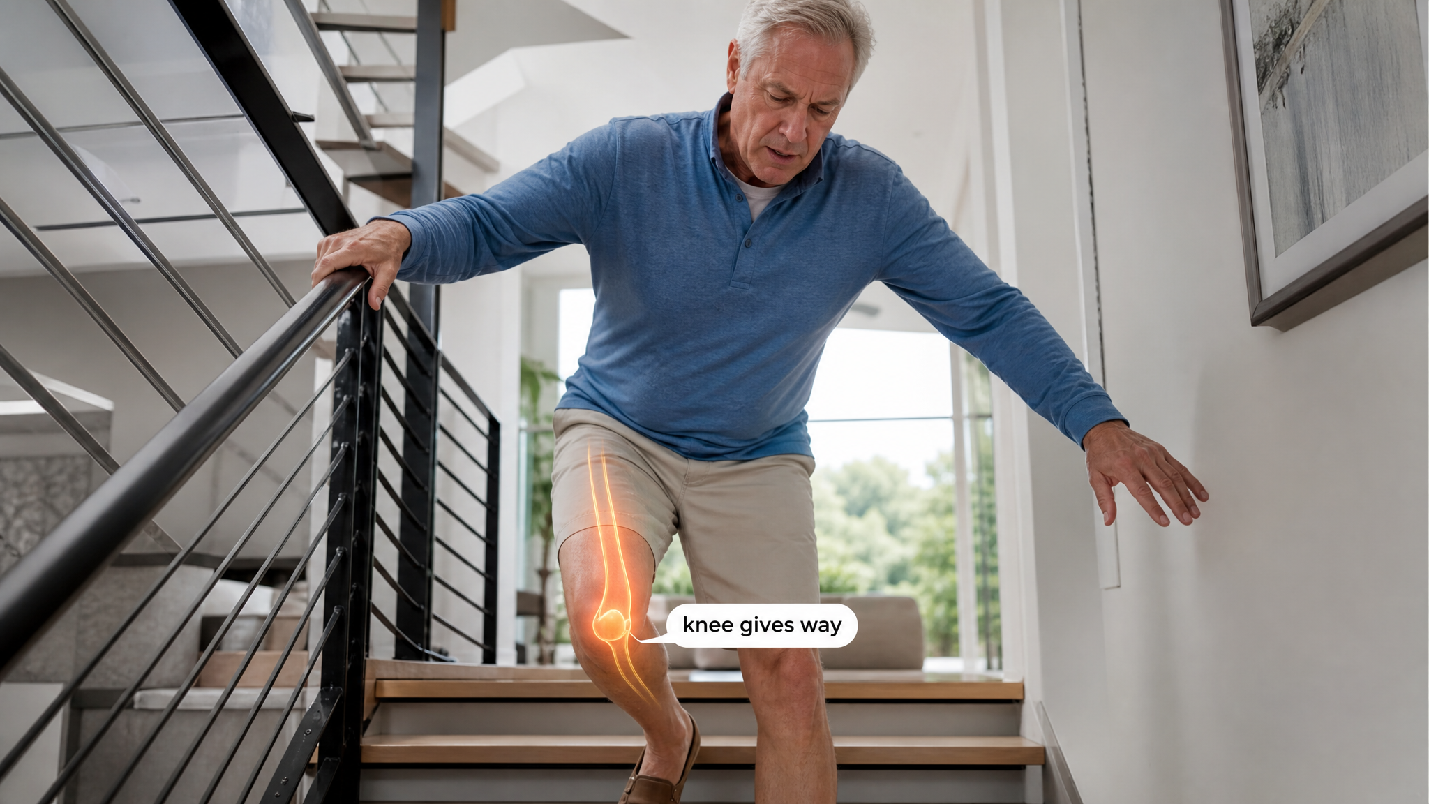 White man veteran in his 60s gripping a stair rail as his knee buckles descending stairs, warm amber femoral-nerve glow down the front of the thigh and knee with a knee gives way label