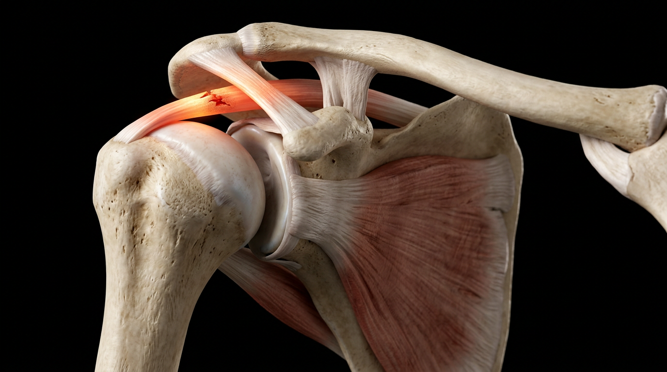 A detailed 3D anatomical render of a human shoulder joint on a black background, with the rotator cuff tendons highlighted in red showing a partial tear