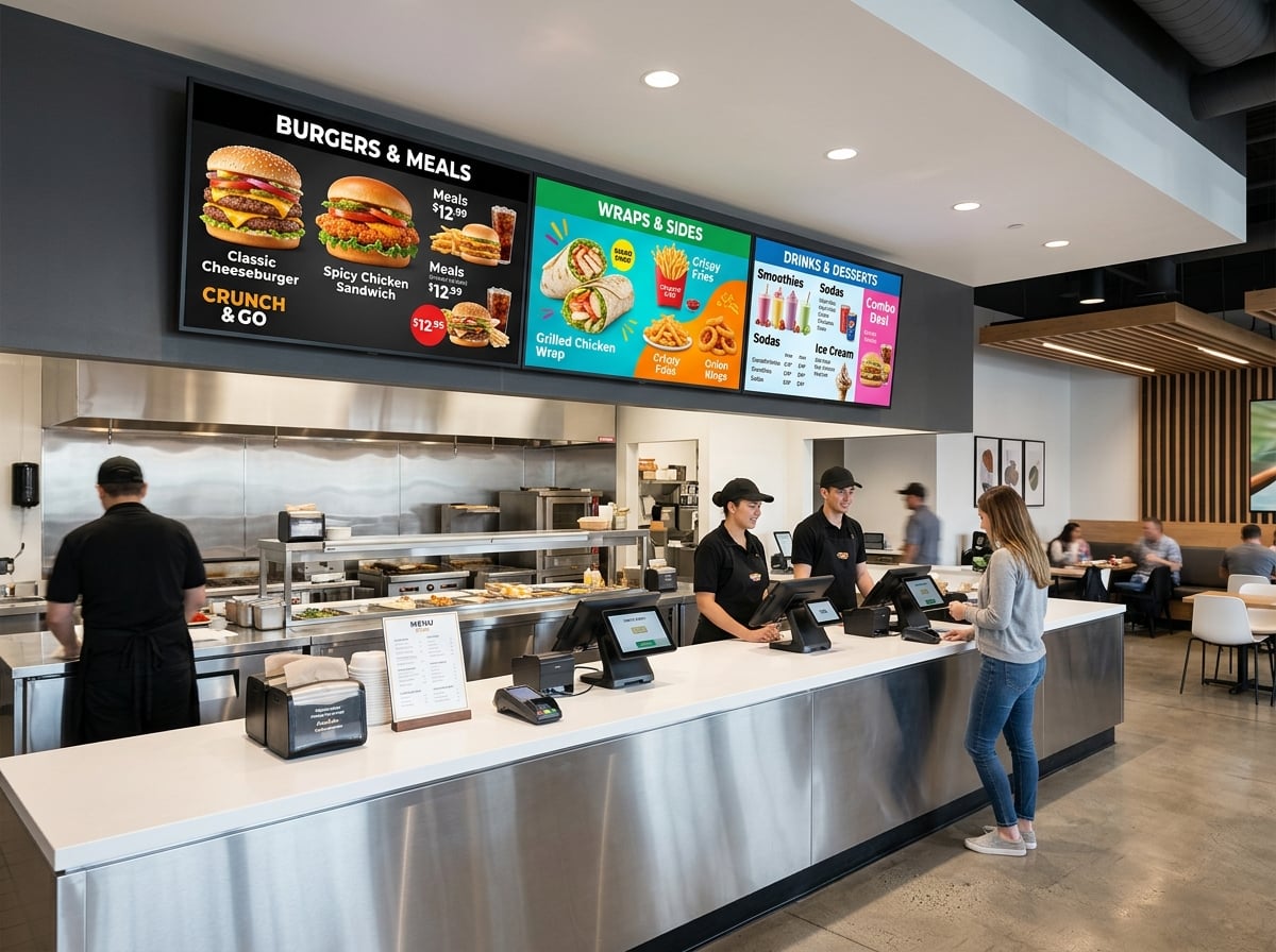 Digital menu boards mounted above a cafe counter