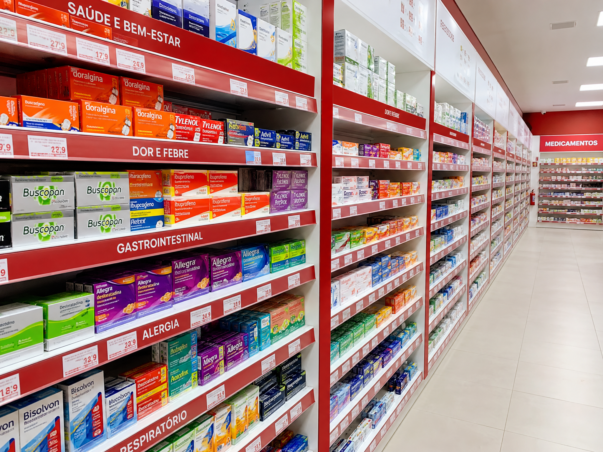 Prateleiras organizadas de produtos na Farmasyn Popular