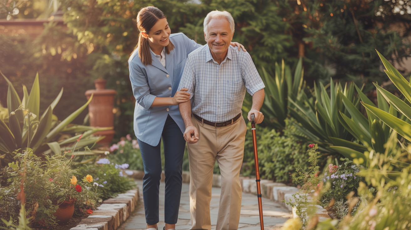 Cuidadora ajudando idoso feliz a caminhar em jardim ensolarado