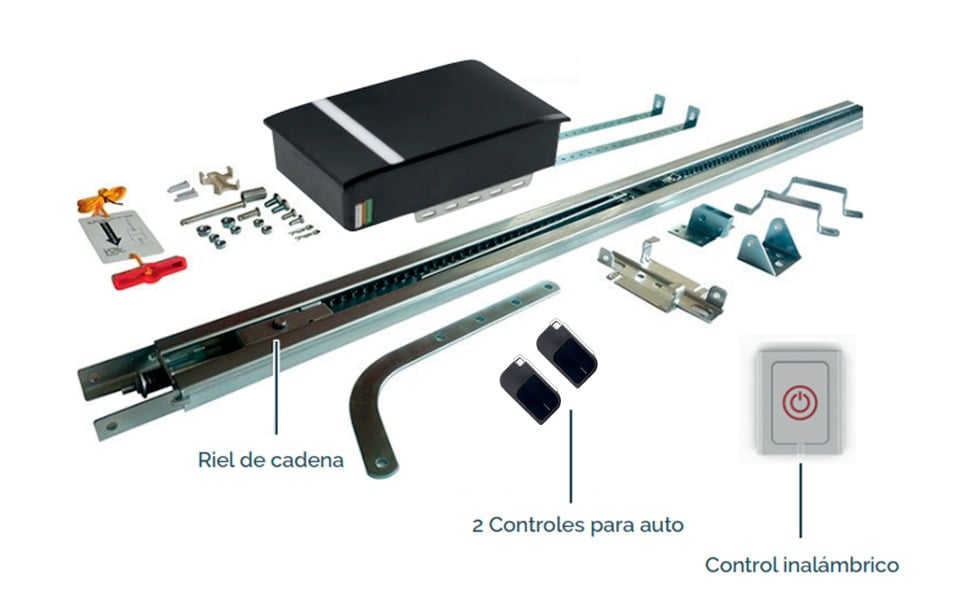 Kit completo de accesorios: riel de cadena, controles para auto y control inalámbrico