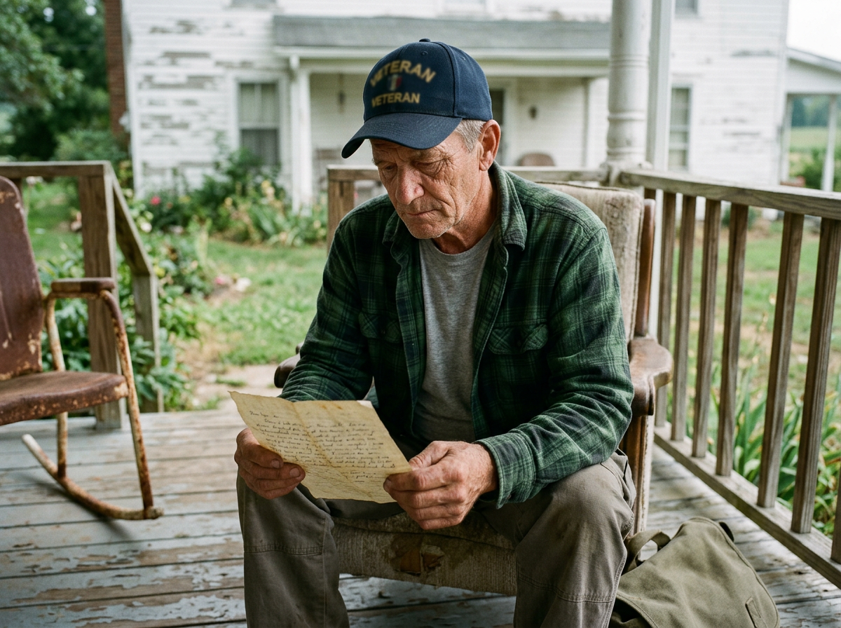 Vietnam-era veteran in his sixties wearing a veteran cap and holding an old VA denial letter on his porch