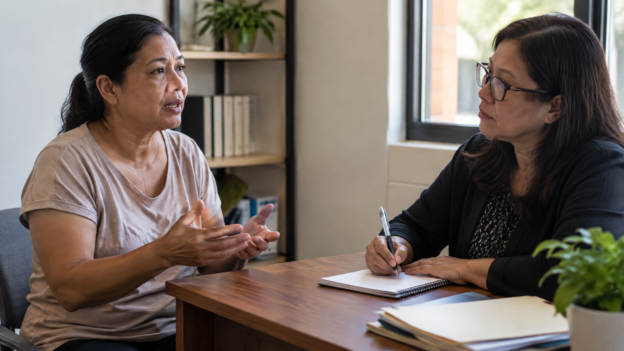 A woman veteran speaking with a female patient advocate who takes notes at a small office desk