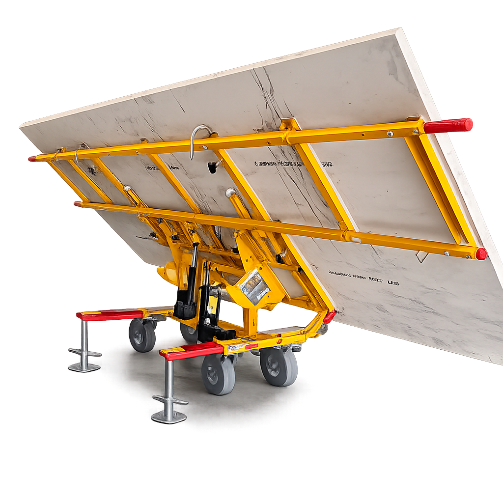 No Lift System PowerTilt HD cart holding a large stone slab in partial rotation