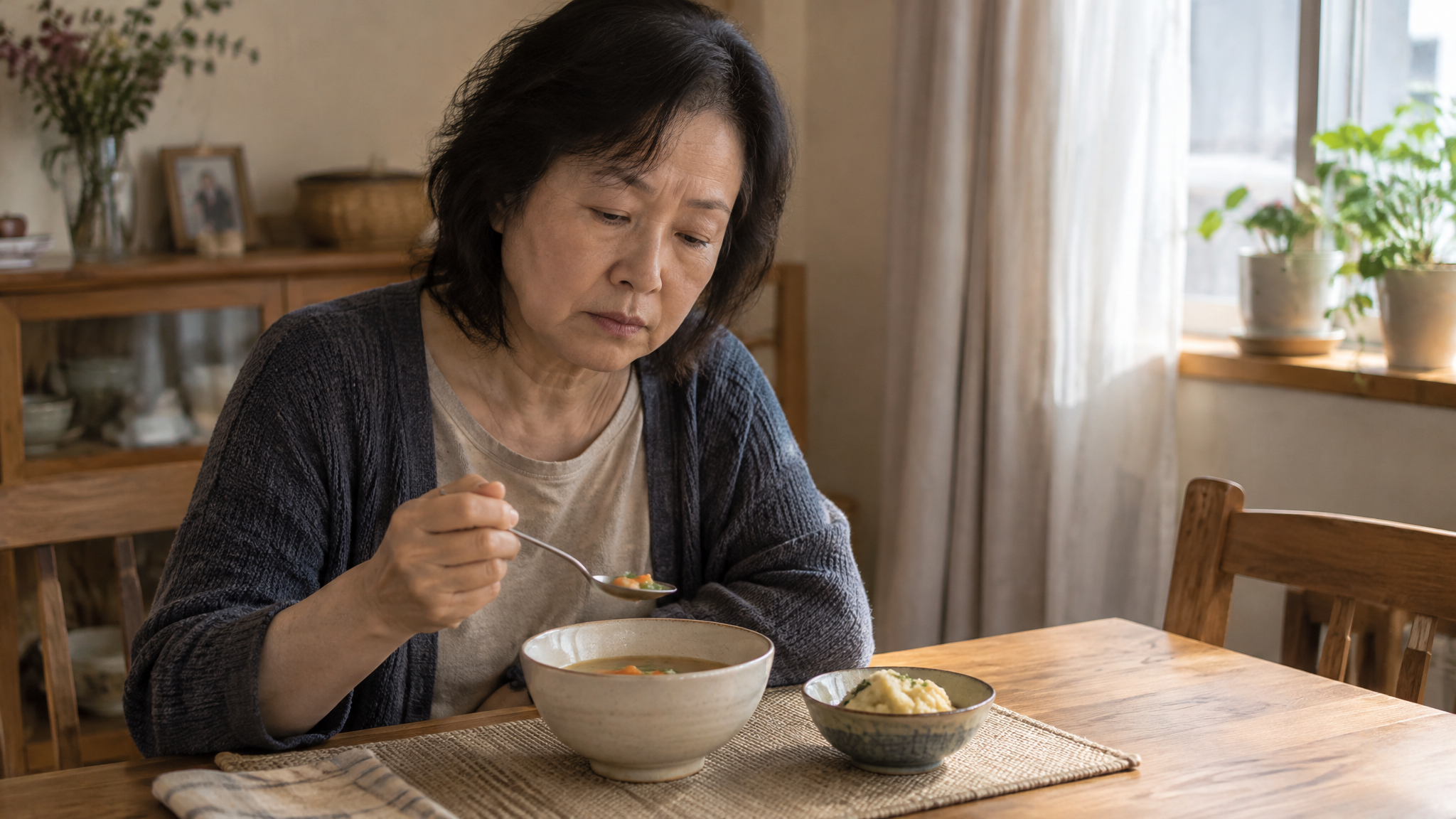 A woman veteran eating small portions of soup and mashed food at her dining table
