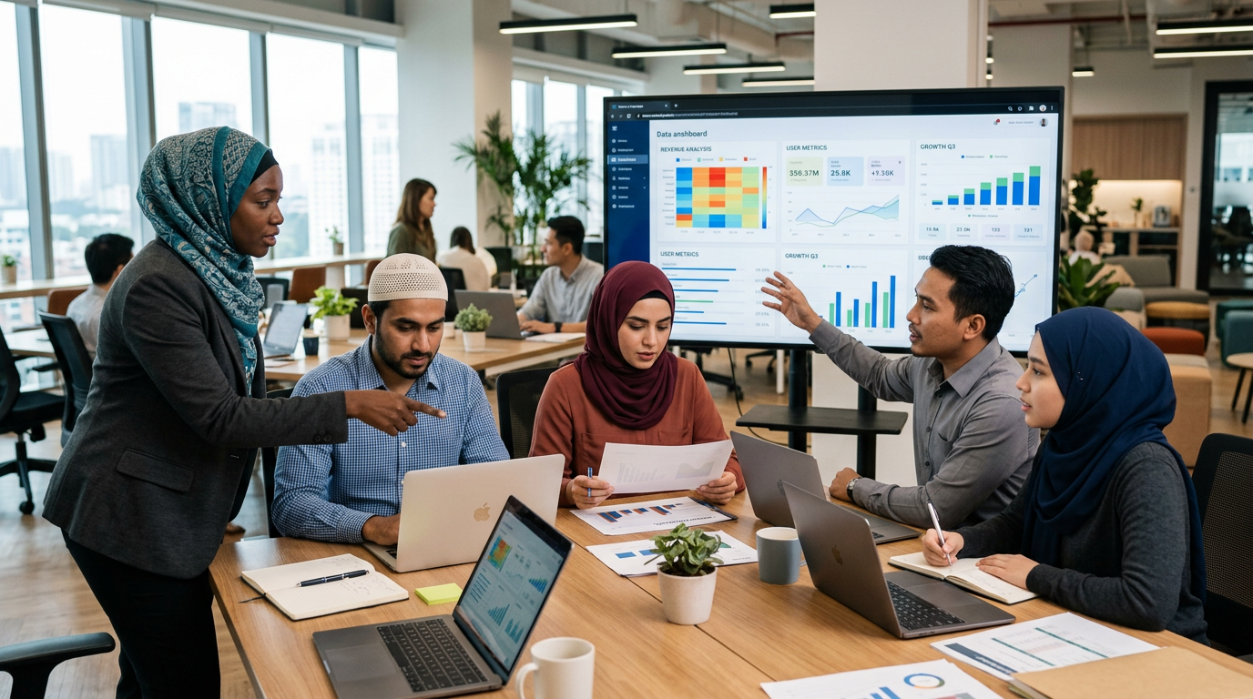 A diverse team of Salah Analysts — Muslim men and women of different ethnicities, women in hijab and men in modest attire — collaborating around dashboards to analyse anonymised prayer data
