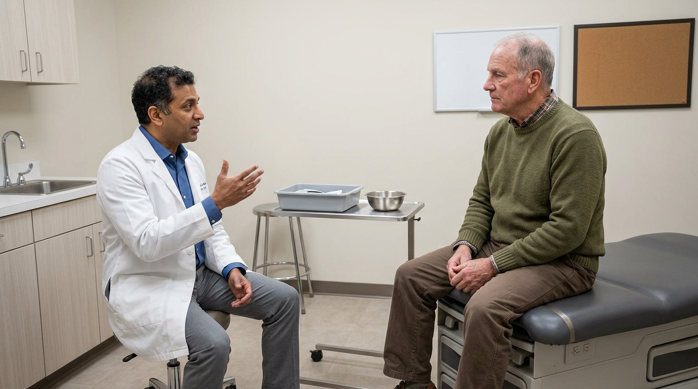 South Asian male urologist explaining a procedure to an older white male veteran in an exam room