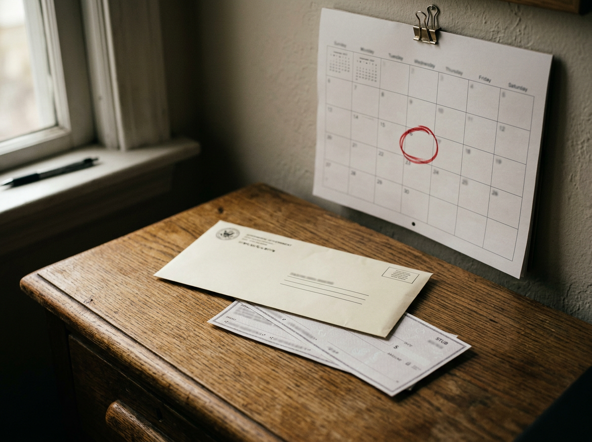 Wall calendar with a circled filing date beside a VA benefit check stub