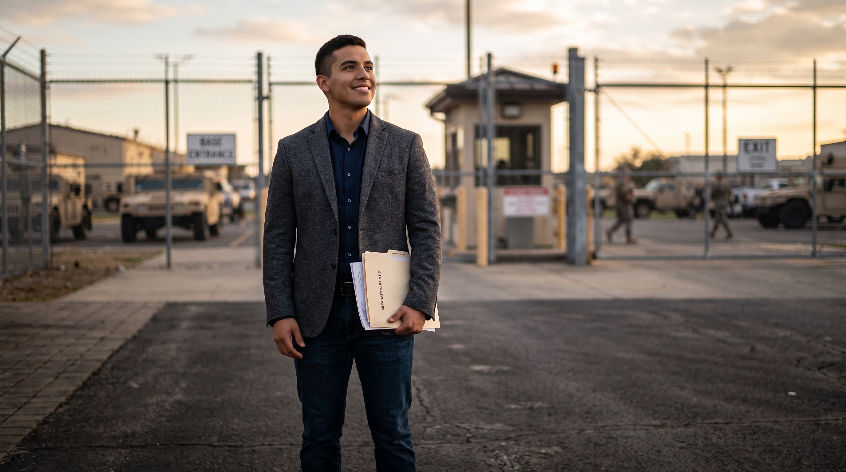 A newly separated service member in civilian clothes holding a discharge folder outside a base gate